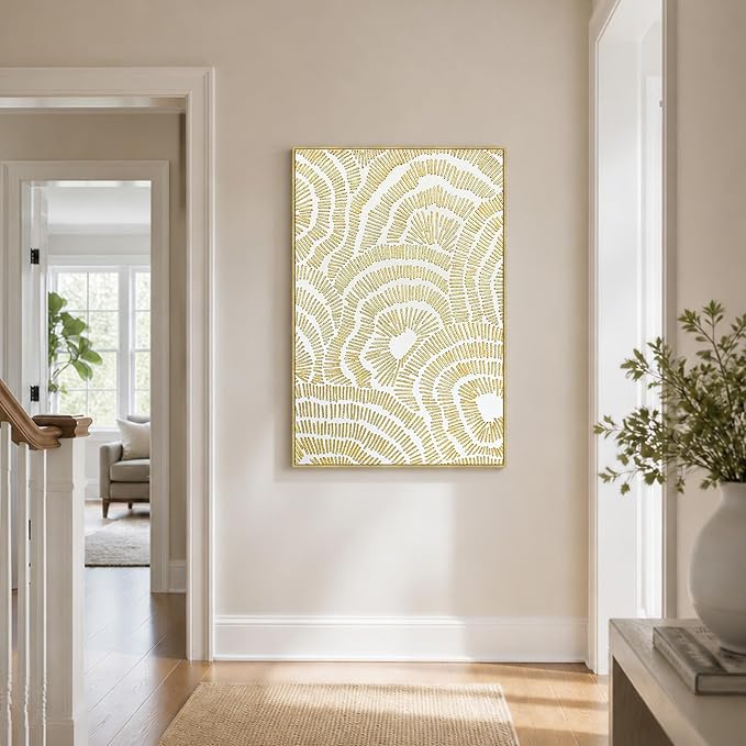 Zessonic Gold Abstract Large 3D Textured Hand Painted Wall Art, 24"x36" | Gold Foil Textured Flower Neutral Wall Decor Framed Modern Luxury Hand Painting Artwork for Home Living Room Bedroom Office