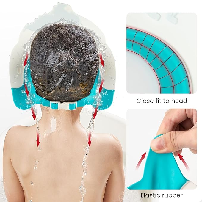 FUNUPUP Baby Shower Cap for Kids, Baby Bath Shampoo Visor Cap Hair Washing Shield Adjustable Silicone Bath Hat for Toddler Girls and Boys (Dinosaur,Blue)