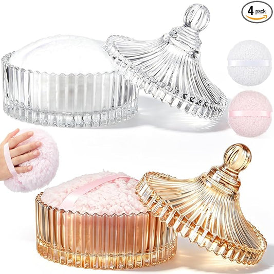 Tioncy 2 Set Vintage Glass Vanity Jar with Powder Puff, Decorative Crystal Powder Container for Bathroom Counter & Feminine Vanity Decor, Gift for Women(Classic,Amber and Clear)