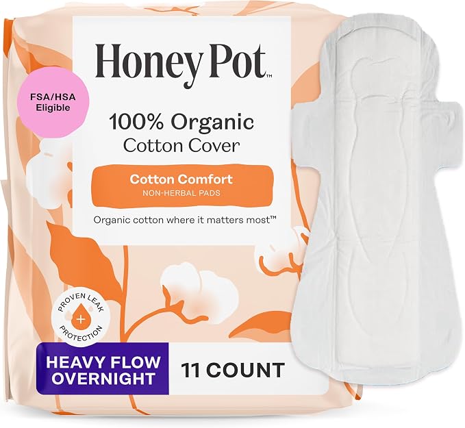 The Honey Pot Company - Sanitary Pads for Women - Non-Herbal Heavy Overnight w/Wings - Organic Cotton Cover & Ultra-Absorbent Pulp Core - Feminine Care - 11 ct