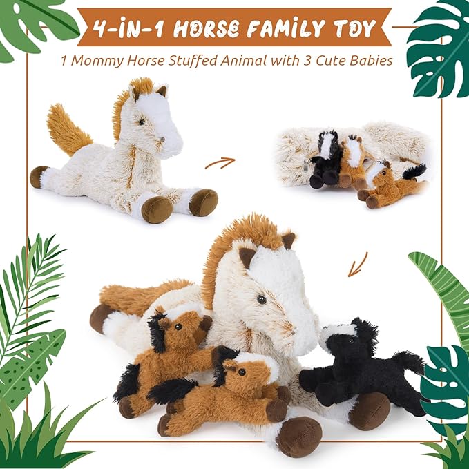 Tezituor 4Pcs Horse Stuffed Animal Set, 21inches Large Stuffed Mommy Horse with 4 Baby Pony Toys, Brown Stuffed Pony Plush Pillow for Boys Girls