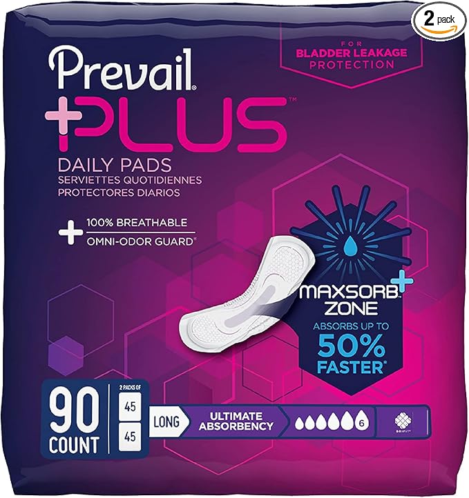 Prevail Plus | Long Length Incontinence Bladder Control Pads | Ultimate Absorbency | 90 Count (2 packs or 45)