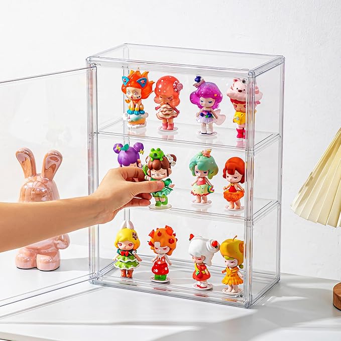 2 Pack Clear Display Case for Figures with Magnetic Door, Acrylic Display Cases for Collectibles, 3Tiers Acrylic Storage Organizers Box, Desktop or Wall-Mounted Showcase for Collectibles Action Figure