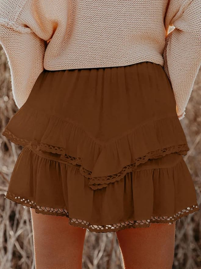 Flowy Shorts for Women Casual Boho Ruffle Tiered Skorts High Waist Mini Skirts Golf Tennis Crochet Shorts