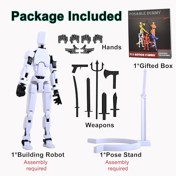 T-13 Action Figure with Pose Stand,Anime Robot Building Toy Sets,Lucky Puppet Joints for Boys,Girls,Men,Women,Multi-Jointed Moveable Dummy Desk Decoration,Desktop Ornament for Game Lover,White