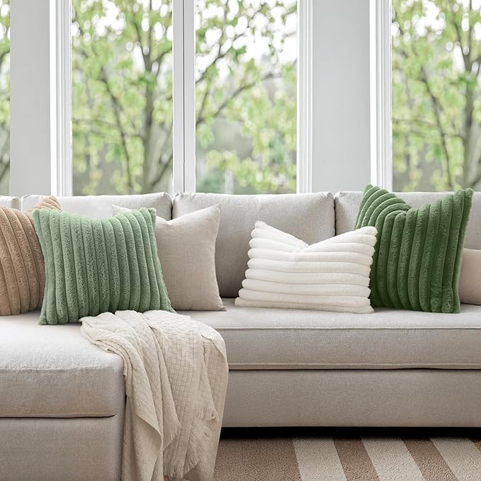 MIULEE Faux Fur Decorative Throw Pillow Covers 20x20 Set of 2 Sage Green | Modern Soft Plush Couch Pillows, Cozy Fluffy Cushion Covers for Sofa Bed Living Room Home Decor