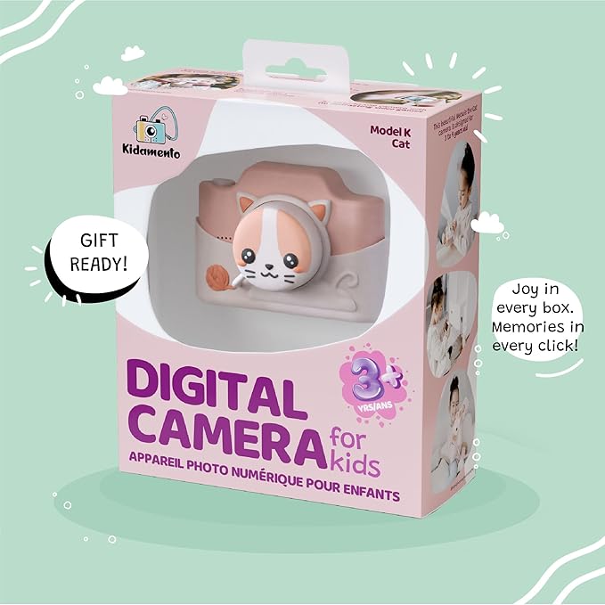 Kidamento Kids Digital Camera & Video Camcorder with Touchscreen, Soft Silicone Casing, Detachable Lens Cap, 32GB Memory Card - Model K Meowie The Cat