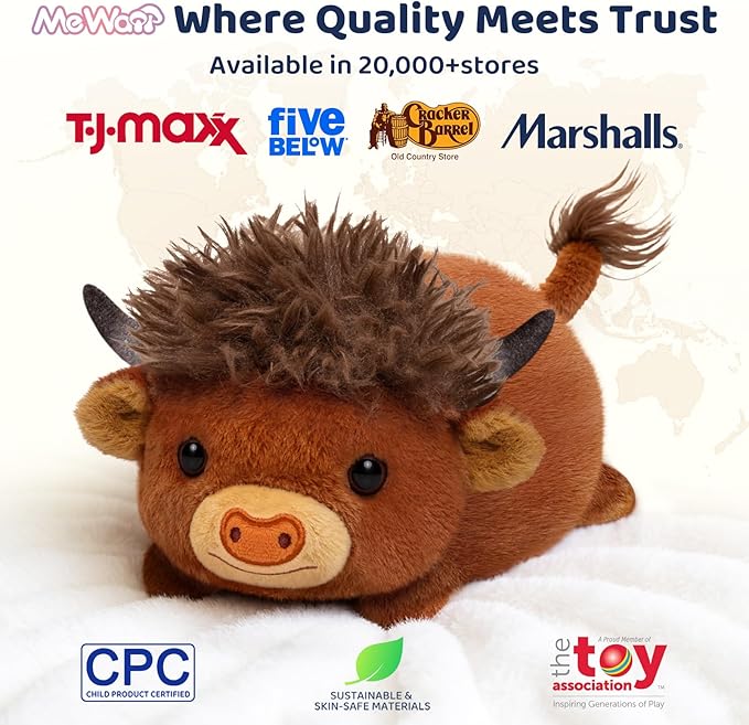 Mewaii Highland Cow Plush Pillow – Cute Happy Face Soft Brown Fur Stuffed Animal, Cuddly Cow Plush Toys for 3+ Year Old Kids & Adults (8Inch)