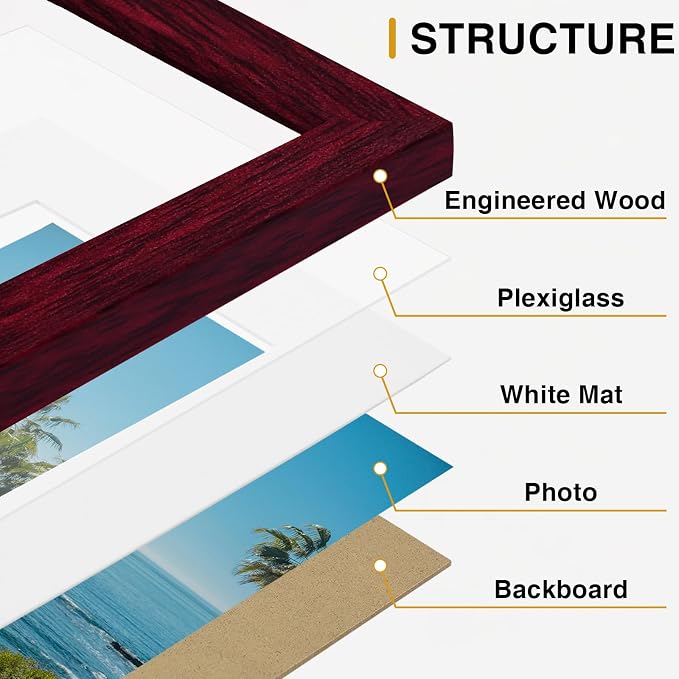 Vittanly 4x6 Picture Frames Set of 9 for Wall Mount & Tabletop, Cherry Red | Display Pictures 3.5x5 with Mat or 4x6 without Mat, Small Photo Frames, Engineered Wood with Shatter Resistant Plexiglass