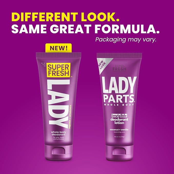 Super Fresh Lady Whole Body Deodorant for Women Twin Pack Aluminum Free Lotion for Privates Body and Skinfolds Stops Odor Coconut Vanilla Scent Feminine Hygiene Two 4 oz Tubes for Daily Use