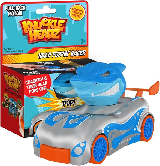 Knuckle Headz Pop-Up Racer Car Toy, Friction-Powered Pull Back Race Car, Head Popping Fun Gift for Kids, Boys, Girls, Ages 3+, Shark