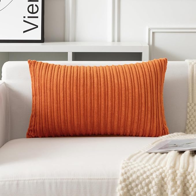 UGASA Fall 14x24 Inch Pillow Cover Pack of 1 Soft Boho Stripe Corduroy Long Rectangle Lumbar Cushion Case Farmhouse Decorative Throw Pilowcase for Bed, Couch, Sofa, Bedroom, Living Room, Dark Orange