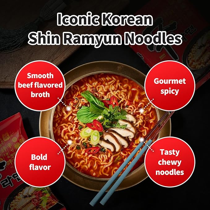 Nongshim Shin Ramyun Noodles, Spicy Korean Signature Instant Ramyun, Rich Beef Flavored Broth, Microwaveable, Korean Instant Noodles, 4.23 oz (Pack of 20), Packaging May Vary.