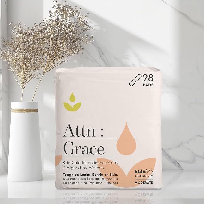 Attn: Grace Moderate Incontinence Pads for Women, 4-Pack (112 Pads Total / 28 per Pack) - Plant-Based, High Absorbency, Breathable - Incontinence Pads for Moderate Bladder Leaks & Sensitive Skin