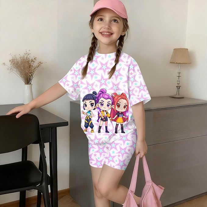 K-POP DEM0N Hunters Outfits for Girls, 2 Piece T-Shirts and Apparel Sets Birthday Gift