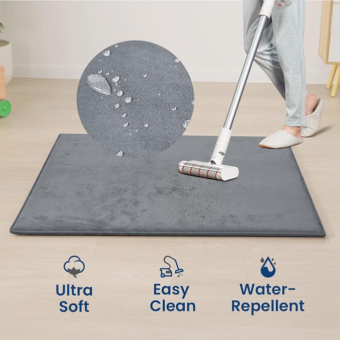Huloo Sleep Baby Play Mat for Floor,1.3" Thick Elasti-Foam 47"×47" Playpen Mat for Tummy Time,Water Repellent Soft Coral Velvet for Toddler,Infant,Kids,Non-Slip Backing Safe for Crawling(Dark Grey)