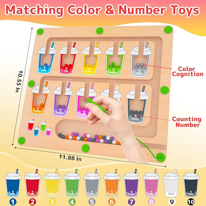 Magnetic Color and Number Maze, Montessori Wooden Magnet Puzzle Game Board for Toddlers, Learning & Education Toys for Preschoolers, Fine Motor Skills Toys for Boys Girls 3-5 Years Old