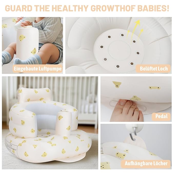 AirSwim Inflatable Baby Seat, Inflatable Baby Chair for Babies 3 Months and Up, Summer Blow Up Chair with Built in Air Pump, Infant Floor Seats for Learning to Sit, Palying, Camping, Bear Head