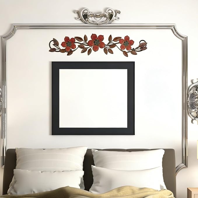 Wesiti Metal Flower Wall Decor Vintage Metal Flower Wrought Iron Scroll Sculpture 15.7''x3.7'' Not 3D, Flat Farmhouse Leaf Wall Decor with Nails for Summer Bedroom Kitchen Indoor Outdoor(Red)