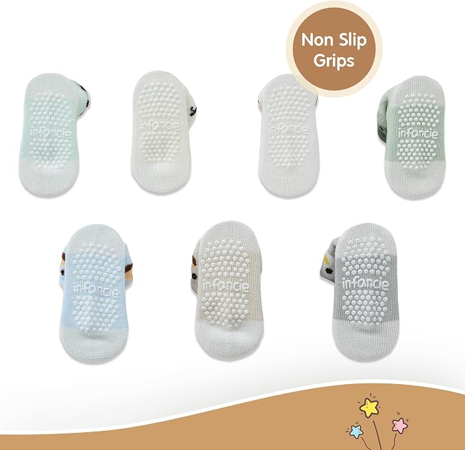 Organic Cotton GOTS Certified Non-Slip Baby Socks 0-6 Months - 7 Pairs Soft Breathable Newborn Socks Animal Design For Infant