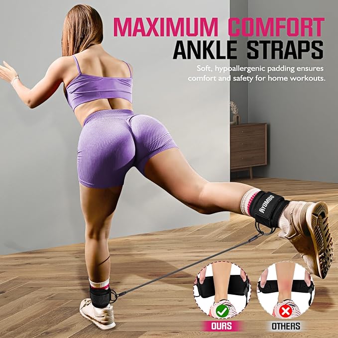 Ayombo Ankle Resistance Bands with Cuffs, Home Gym Workout Equipment, Lifting Glute Butt Exercise Equipment for Women, Ankle Weights Fitness Set, Leg Booty Equipment for Training Perfect Body Shape