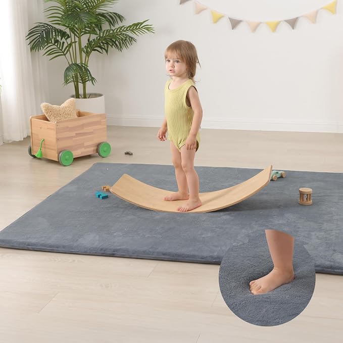 Huloo Sleep Baby Play Mat for Floor,1.3" Thick Elasti-Foam Large 59"×71" Playpen Mat,Non-Toxic Certified Water-Repellent Coral Velvet, Non-Slip Safe Crawling Mat for Tummy Time, Toddler & Infant (Dark Grey)