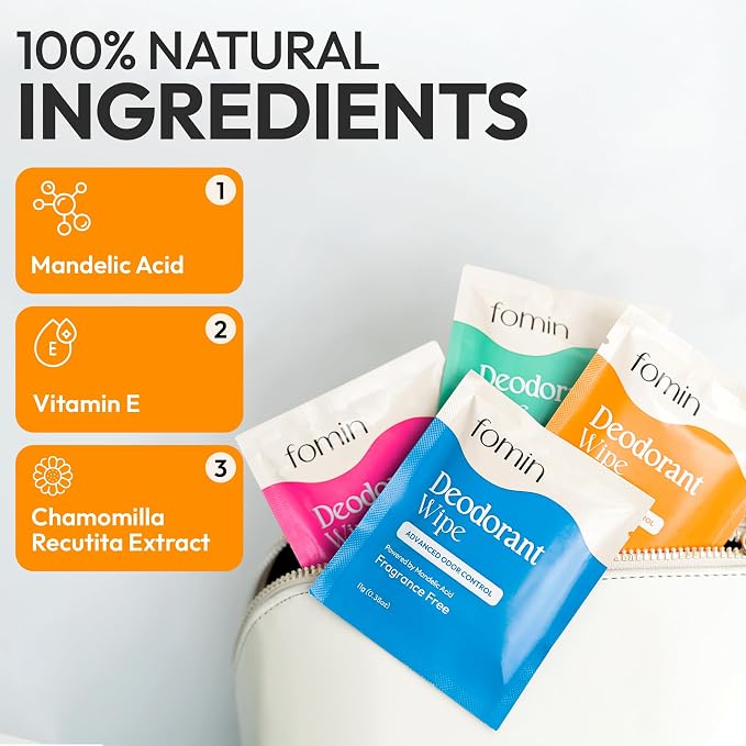 FOMIN Acidified Travel Deodorant Wipes For Women & Men - 50 Count - Citrus Harmony - pH Balanced, Mini Deodorant Travel Size Wipe - Plastic-Free, Individually Wrapped Underarm Body Wipes