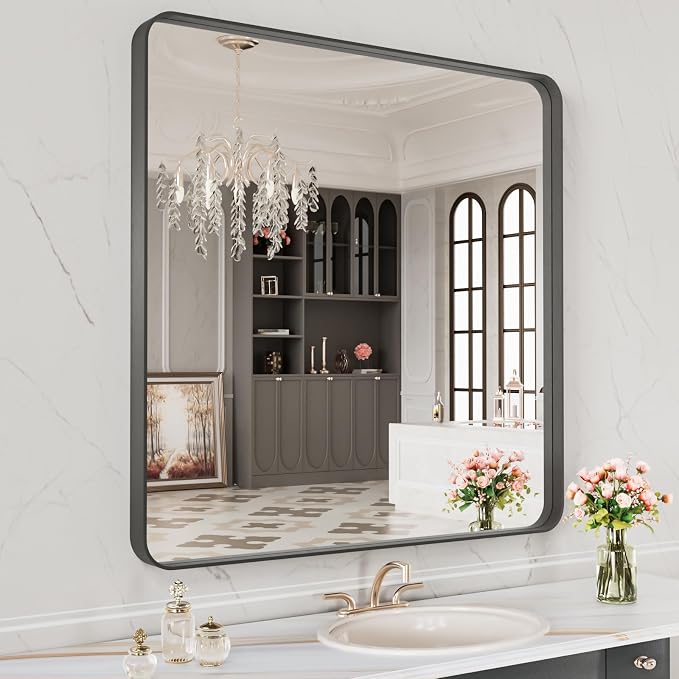 LOAAO 32X32 Inch Black Metal Framed Bathroom Mirror for Wall | Matte Black Bathroom Vanity Mirror, Anti-Rust, Hangs Horizontally or Vertically