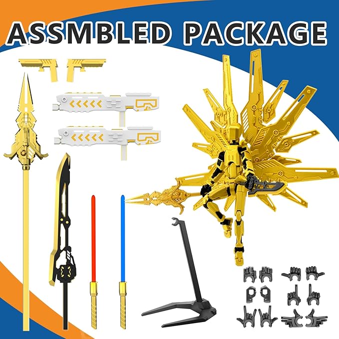 T13 Titan 13 Action Figure Already Assembled, Cyberpunk Futuristic Mecha 3D Printed Action Figure Set Robo 13, Lucky 13, Gift for Dummy Collectors Desktop Decorations (Gold)