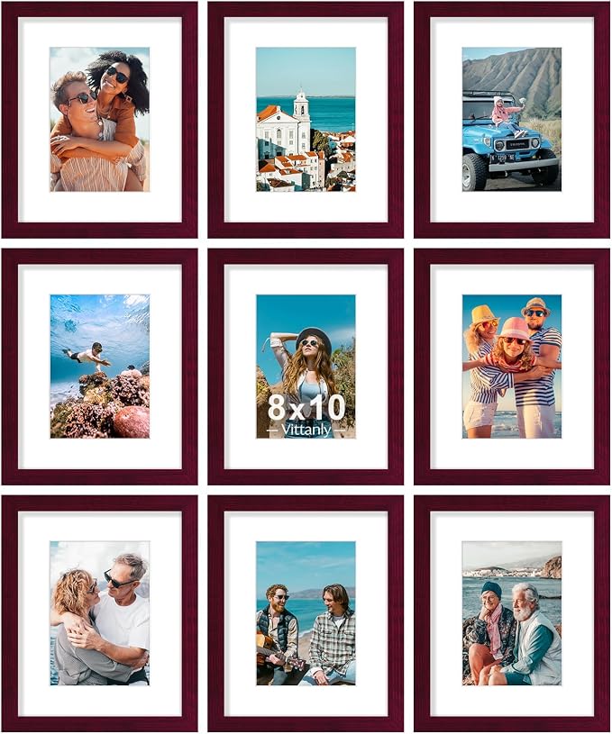 Vittanly 8x10 Picture Frames for Wall Mount & Tabletop, 9 Pack, Cherry Red | Display Pictures 5x7 with Mat or 8x10 without Mat, Small Photo Frames, Engineered Wood with Shatter Resistant Plexiglass