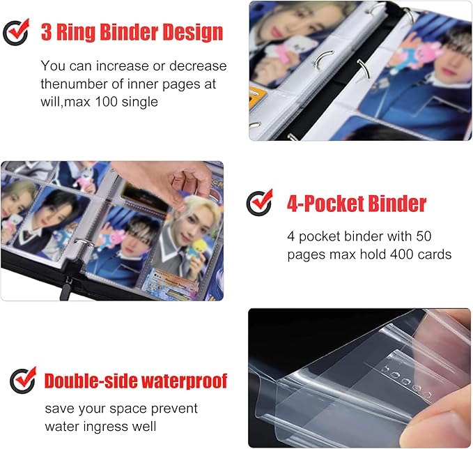 Kpop Photocard Binder for Kpop Photocards,4 Pocket with 50 Sleeves up to 400 Cards Cute Photo Album for Fans Boys and Girls