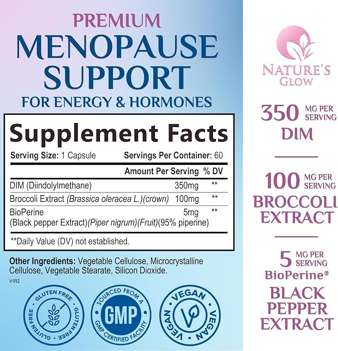 Menopause Supplements for Women - Natural Hormone Support with DIM, BioPerine & Broccoli Extract - Menopause Relief and Balance Antioxidant, for Hot Flashes and Night Sweats Support - 60 Capsules