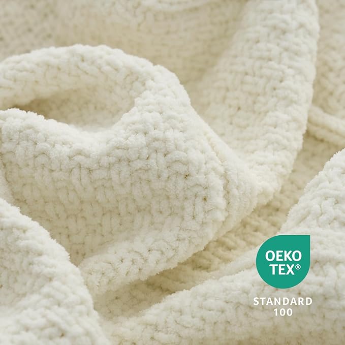 Amélie Home Premium Chenille Throw Blanket, Soft Cozy Moss Stitch Knit Blanket for Couch, Sofa, Chair, Home Decor, Ivory 50"x60"