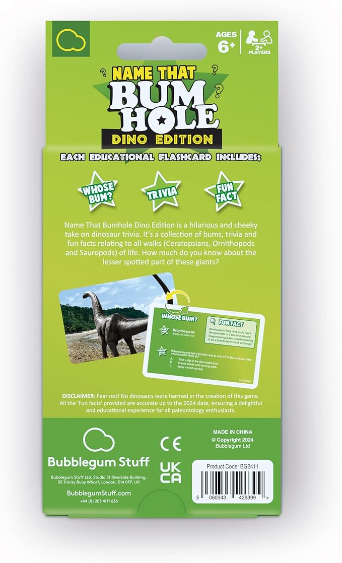 Name That Bumhole: Dino Edition - Guess The Dinosaurs from Their Bumholes - Animal Trivia Game - 55 Flashcards (17.5 x 8.5 cm)