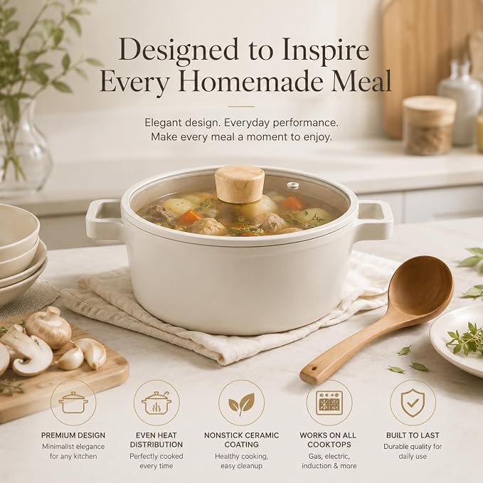 NEOFLAM FIKA 4-Piece Ceramic Coated Nonstick Cookware Set with Glass Lids, 2.7 Qt Casserole Pot & 1.7 Qt Saucepan, Natural Wood Handles, Induction Compatible, Made in Korea