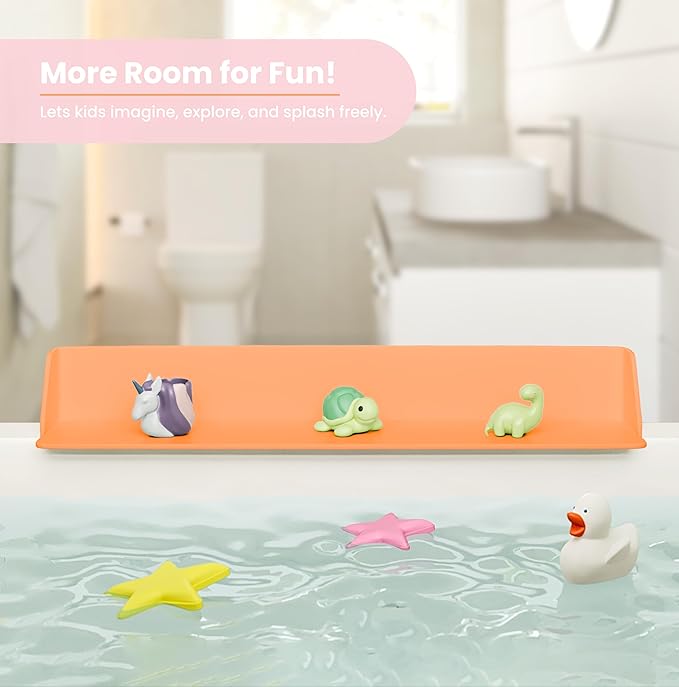 Original PlayPad, Bathtub Splash Guard Play Shelf - Toy Tray Caddy Holder Storage - Suction Cups Attach to Bath Tub - No Mess Water Spill in Bathroom for Toddlers Kids Baby (Orange)