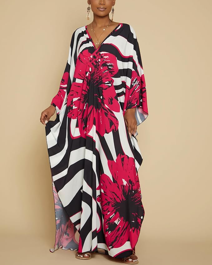 Bsubseach Kaftan Dresses for Women Floral Print Plus Size Beach Cover Up | Lightweight V Neck Loose Fit Boho Dress, Batwing Sleeve Side Slit, Moo Moos for Women Home Loungwear Cruise Resort Wear