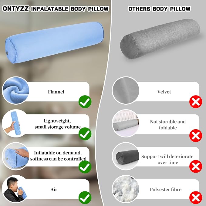 ONTYZZ Inflatable Long Body Pillow, Long Pillow for Bed, Oval Bolster Pillow for Good Sleeping and Back/Neck Support, 1pcs Blue