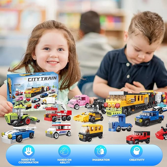 16 Pack Building Blocks Party Favors for Kids, Lego-Compatible 2 in 1 710pcs Building Kits Mini City Vehicles Include Police Car & Train, Christmas Toy Gifts Goodie Bag Filler Stuffers for Boys Girls