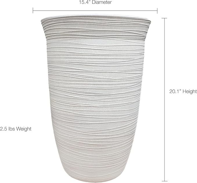 15 Inch Resin Vase, Cement Look Outdoor Indoor Planter, 14 Gallon Capacity with Drainage, Weather-Resistant for Patio, Porch, Trees