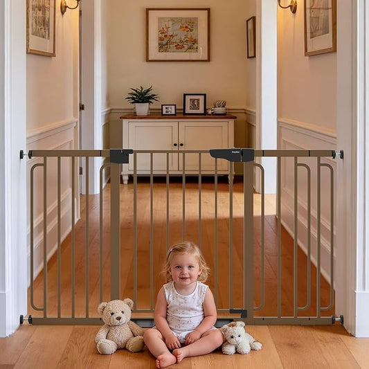 Cumbor 30.4-56.8" Extra Wide Baby Gate for Stairs, Dual Lock & Self-Closing Dog Gate Indoor, Easy Install Pet Gate for Doorways & Wide Openings, Easy Walk Thru Safety Proofing for Babies & Pets, Brown