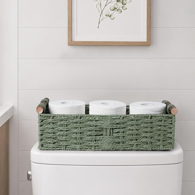 Round Paper Rope Storage Basket Wicker Baskets for Organizing with Handle Decorative Storage Bins for Countertop Toilet Paper Basket for Toilet Tank Top Small Baskets , Green | with Handle for Bedroom Home Decor and Shelves Apartment Countertop Use,Green
