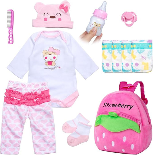 Reborn Baby Dolls Clothes Pink Bear Outfit Accessories 12 Pcs Set for 17-22 Inch Reborn Dolls Newborn Baby Girl with Strawberry Backpack&Feeding Set