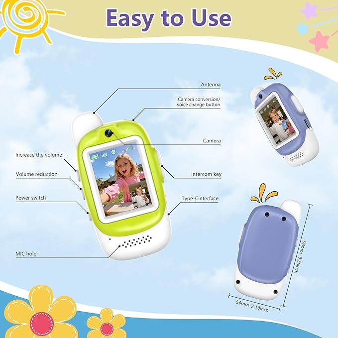 Video Walkie Talkies for Kids, 2 Pack Rechargeable Video Walkie Talkies, HD Camera, Voice Changer, for Family Fun Camping and Travel, Ages 3-12, Green and Purple