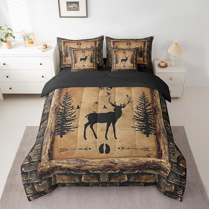 Feelyou Rustic Cabin Deer 7 Piece Bedding Set Full Size Kids Camo Hunting Deer Comforter Set with Sheets for Boys Girls Farmhouse Forest Animal Bed in a Bag Wildlife Room Decor