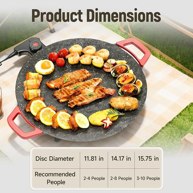Generic 1500W Electric Korean BBQ Grill, 16 Inch Smokeless Non-Stick Electric Comal, Multifunctional Comal Electrico for Indoor Tortilla Cooking & Grilling, with Oil Brush & Food Tongs. (36cm)