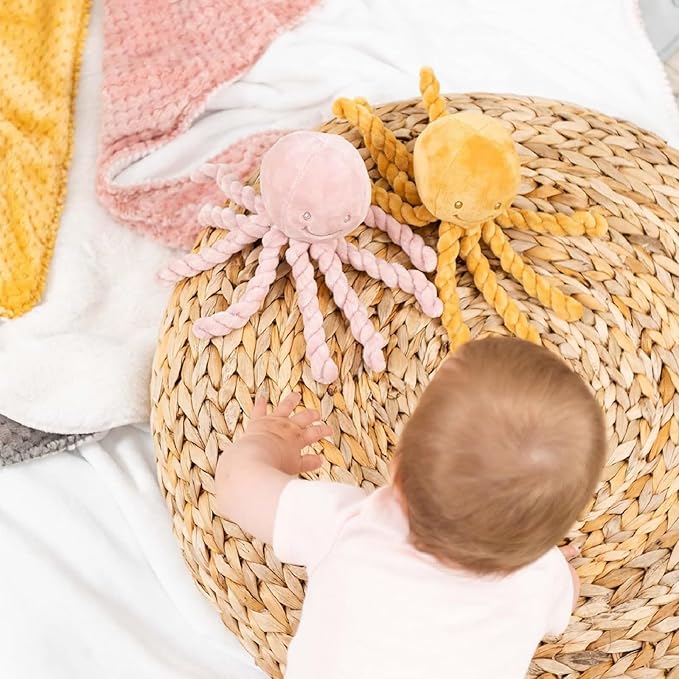 Nattou Plush Stuffed Toy, Cuddly Companion, Umbilical Cord Design Reassures Baby, Vegan, Lapidou Octopus, Yellow