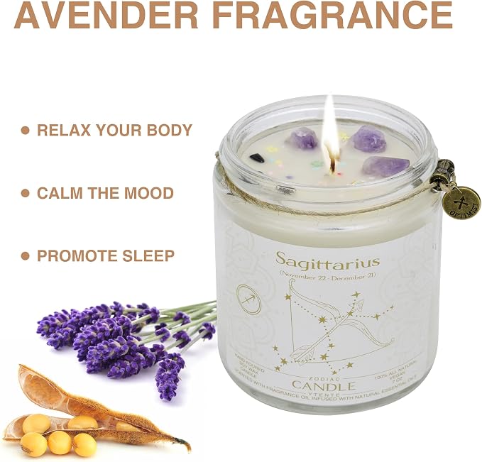 Zodiac Sign Candles, Zodiac Crystal Sign Candles,Astrology Scented Candles Best Friends Gifts for Women, Men Sister Brother Zodiac Funny Birthday Gift Candle Jar (Sagittarius)