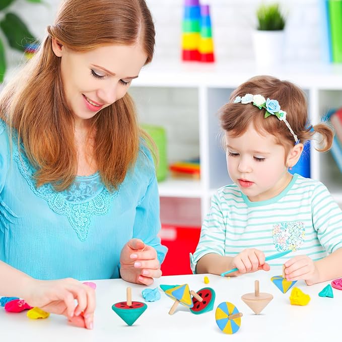 NUOBESTY Wood Spinning Tops for Kids, Unfinished Wooden Gyroscope Toys Spin Tops Montessori Toys for DIY Crafts, Birthday Party Favors, Family Game (12 Pieces)