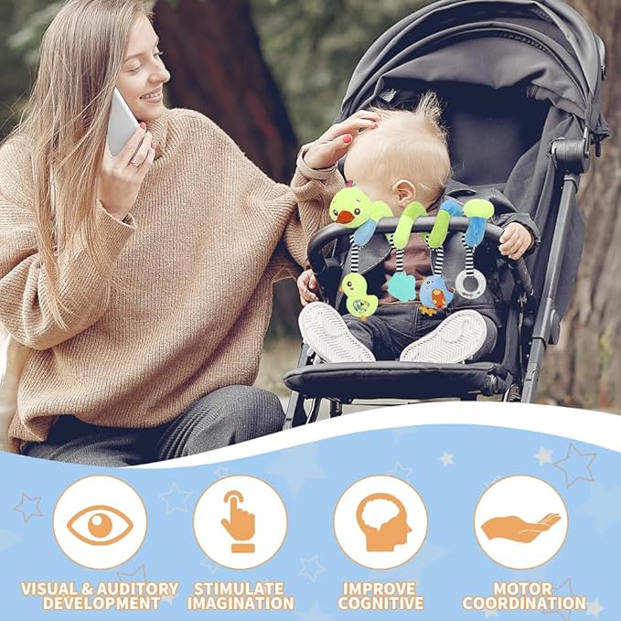 Baby car seat Toys, Activity Spiral hangings pram Toys, Plush Crib Toys with Squeaky for boy or Girl (Duck)